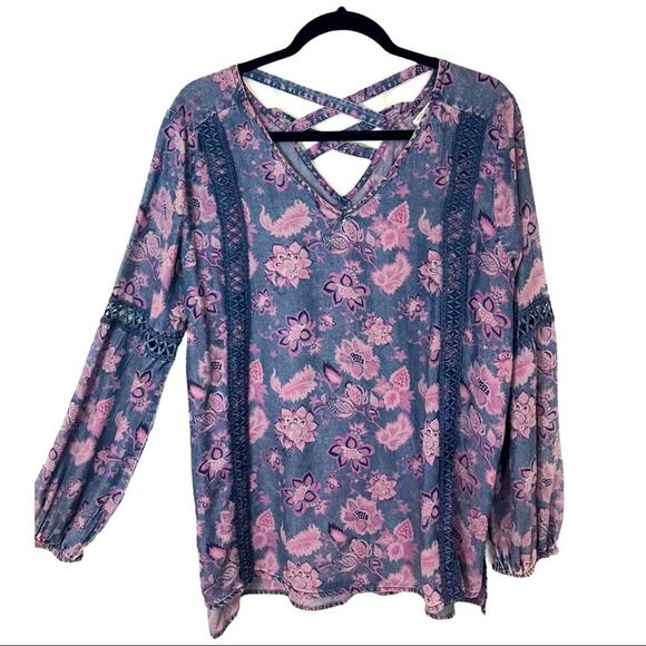 Standard Grace Tops - Standard Grace Floral Boho Blouse Chambray Lyocell oversized